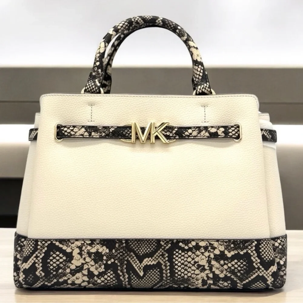 Michael Kors Large Reed CZ Belted Satchel Bag Light Cream Multi